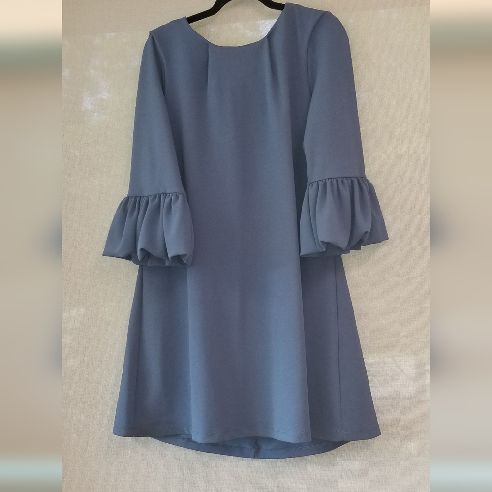 Nina Leonard Blue Sheath Dress with Bishop Sleeves